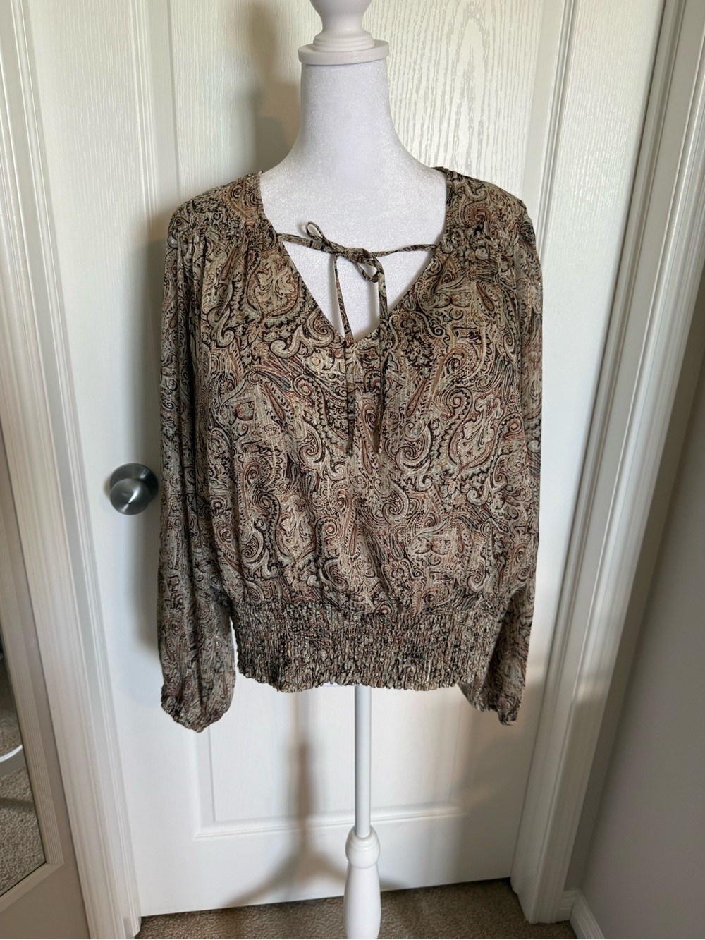 Joie Paisley Tie-Neck Blouse in Brown and Cream
